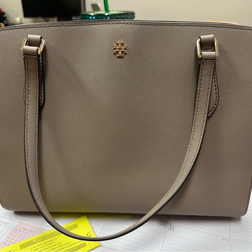 Tory Burch Taupe Saffiano Leather Tote with Gold Logo